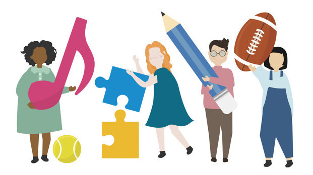 1 dessin avec 4 personnes : 1 femme tenant une clé de sol et balle de tennis à ses pieds, 1 femme construisant un puzzle, 1 homme tenant un crayon à dessin, 1 femme tenant un ballon de rugby 