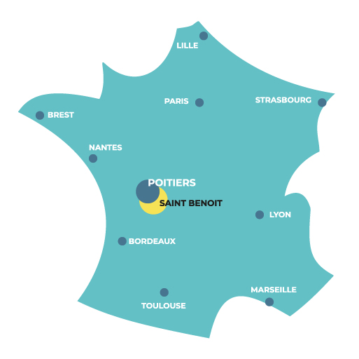 1 icône carte de France avec rond bleu sur Poitiers et rond jaune sur St Benoît
