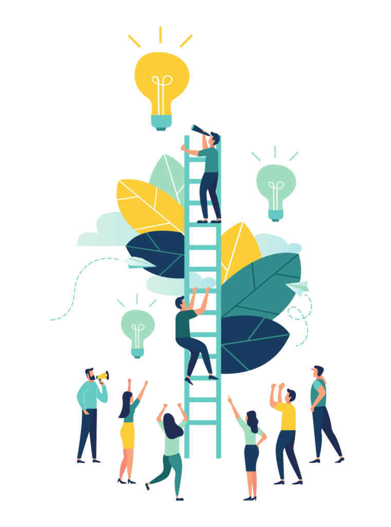 1 infographie représentant un groupe de personnes tenant une échelle sur laquelle montent 2 personnes et tout en haut une ampoule qui éclaire