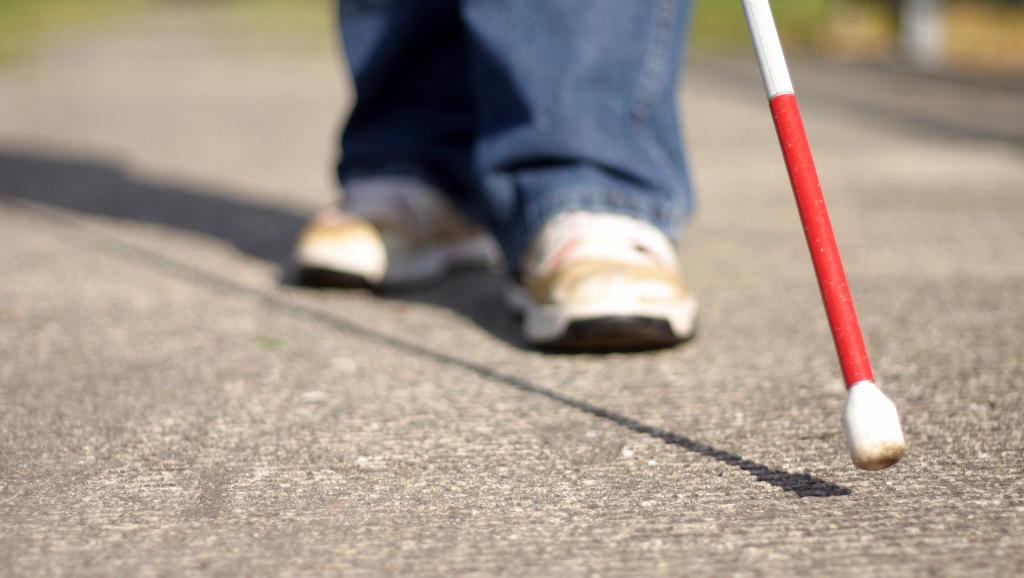 1 image représentant des pieds en mouvement et le bout de la canne rouge et blanche