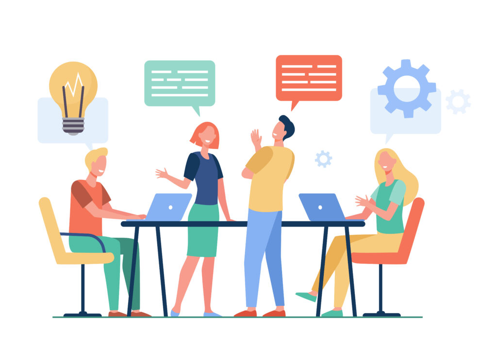 Business team planning working process flat vector illustration. Cartoon colleagues talking, sharing thoughts and smiling in company office. Teamwork and workflow concept